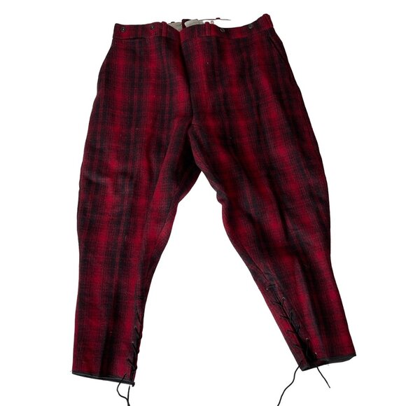 Vtg 1930s Woolrich Oxblood Mackinaw Plaid Hunting Pants Breeches Size 38 Waist - Picture 1 of 16